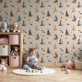 Sailboat mural wallpaper creating peaceful maritime nursery decor with beige ocean theme by Kids-Mundo