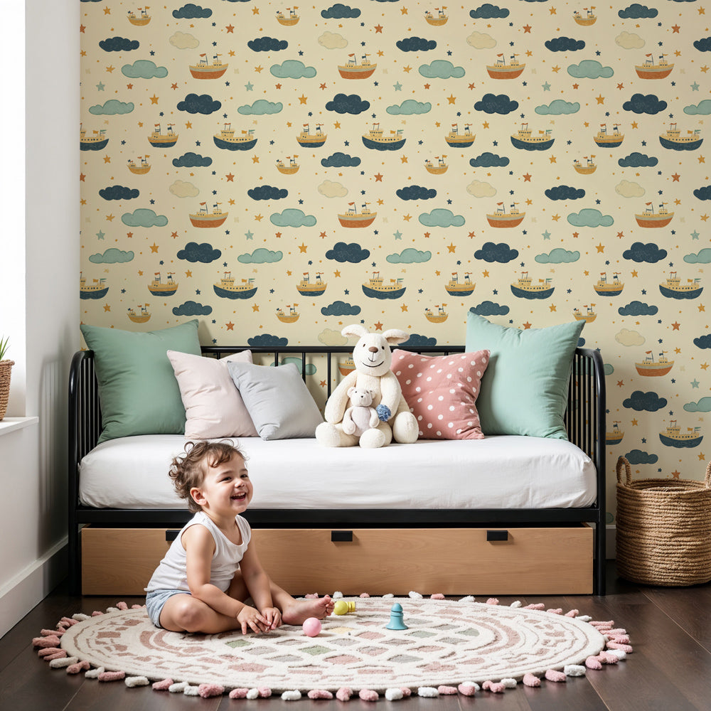 Sailboat mural wallpaper with stars and clouds decorating modern nursery by Kids-Mundo