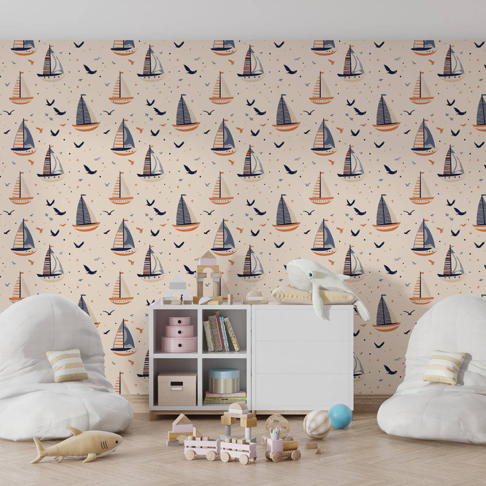 Maritime themed sailboat mural wallpaper for kids playroom with flying birds and gentle waves