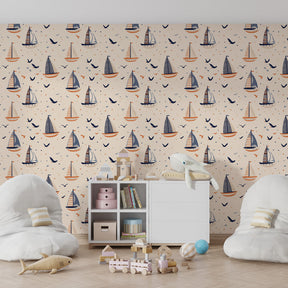 Maritime themed sailboat mural wallpaper for kids playroom with flying birds and gentle waves