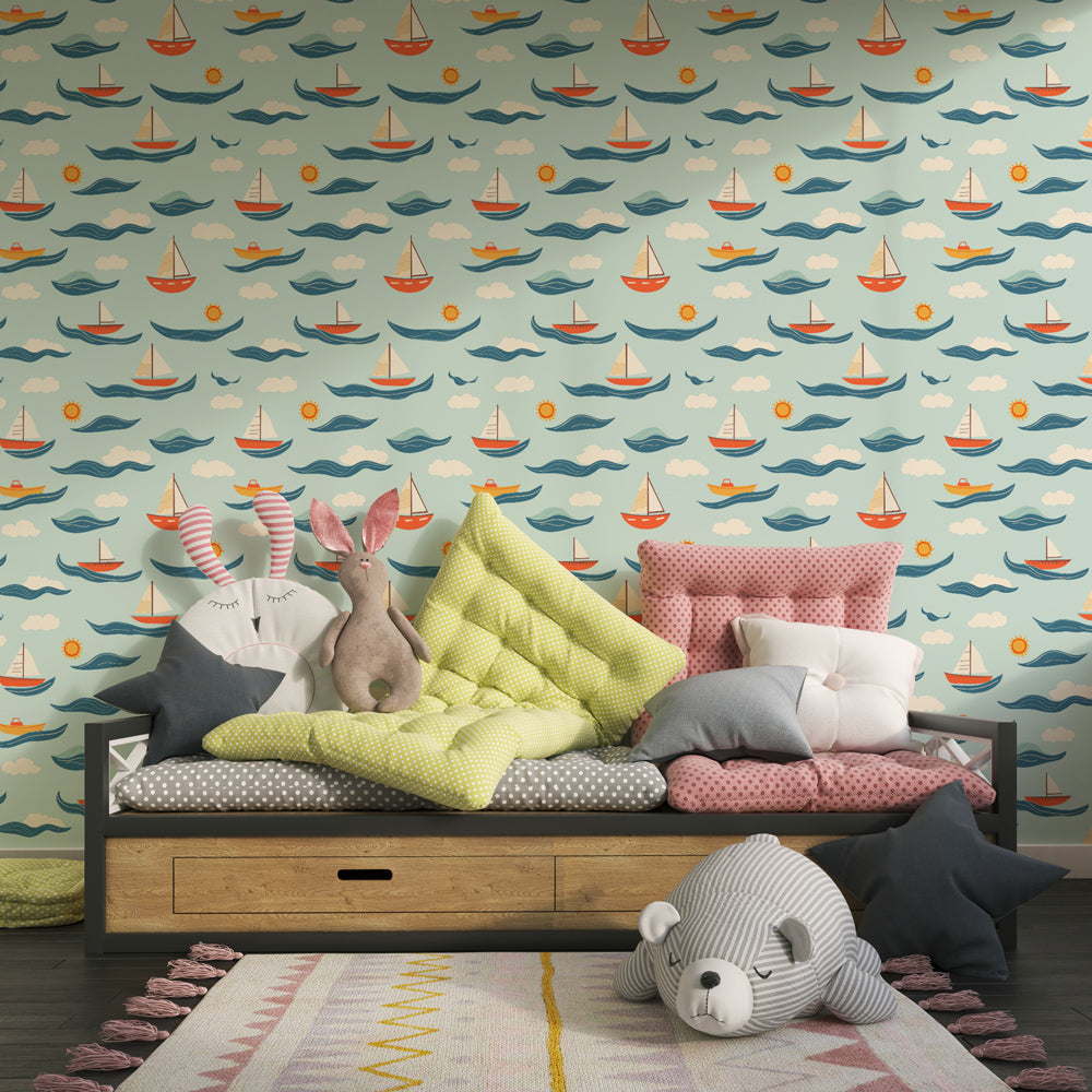 Ocean themed sailboat mural wallpaper for children's playroom by Kids-Mundo