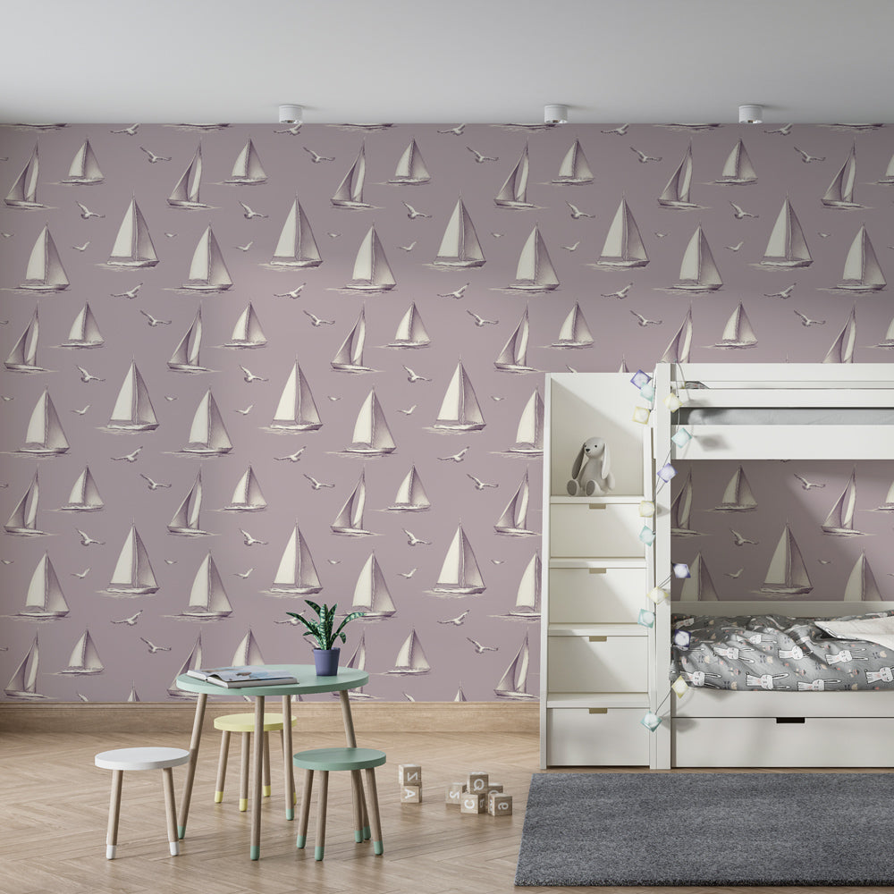 Elegant sailboat mural wallpaper in children's playroom with soft neutral tones by Kids-Mundo