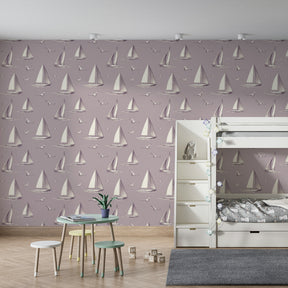 Elegant sailboat mural wallpaper in children's playroom with soft neutral tones by Kids-Mundo