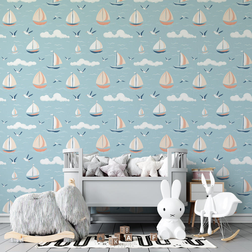 Maritime sailboat mural wallpaper for modern children's playroom with sky blue background
