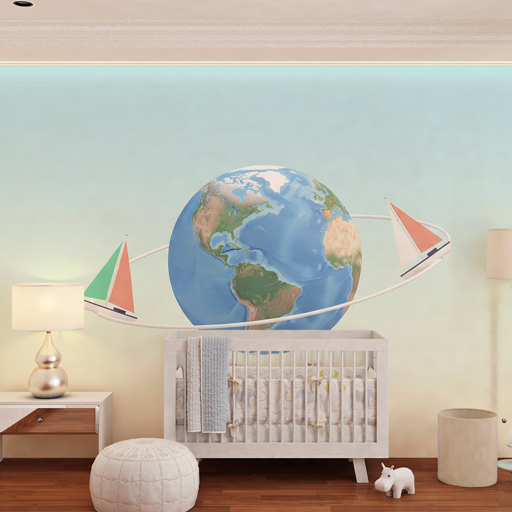 Kids-Mundo globe and sailing boats mural fitted on a kids bedroom feature wall