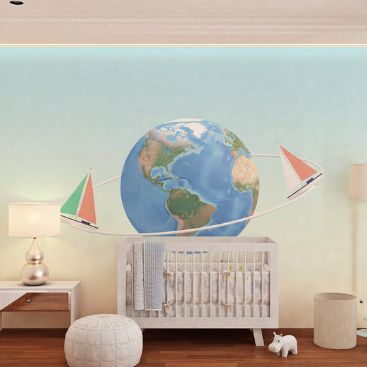Kids-Mundo globe and sailing boats mural fitted on a kids bedroom feature wall