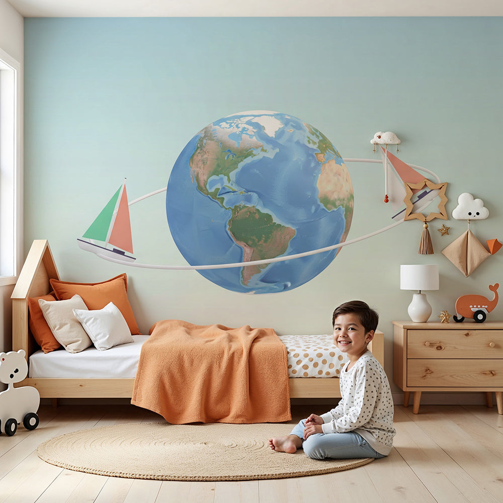 Kids-Mundo sailing boats world map wall mural made to measure above a nursery cot