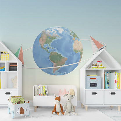 Kids-Mundo world map mural with sailing boats brightening a children's playroom