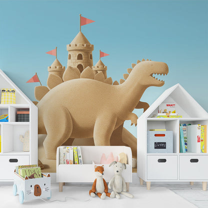 Kids-Mundo sand dinosaur wall mural covering a kids' bedroom wall beside a wooden bunk bed.
