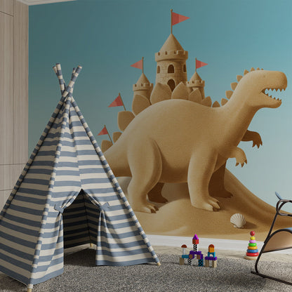 Kids-Mundo sand dinosaur wall mural bringing beach-day fun to a playroom with sandy-toned rugs.