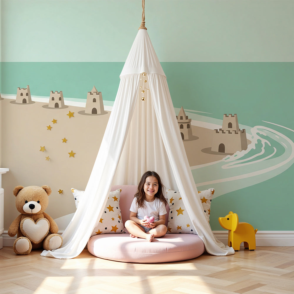 Kids-Mundo sandcastle beach wall mural styled as made-to-measure wallpaper in a bright baby's nursery.