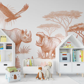 Orange safari wallpaper with African animals creating cozy children's bedroom atmosphere