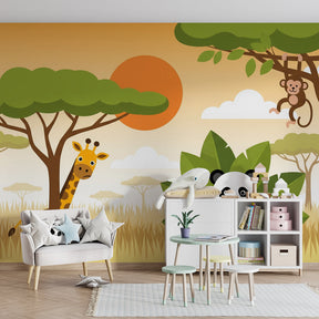 Colorful safari mural wallpaper creating adventure theme in children's bedroom decor