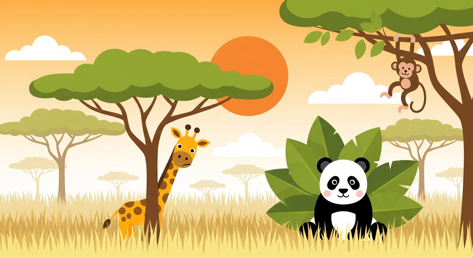 Detailed savanna animals mural wallpaper design pattern with giraffe, panda and trees by Kids-Mundo