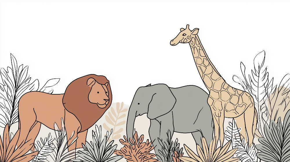 Detailed savanna animals mural wallpaper design pattern showing lion elephant giraffe by Kids-Mundo