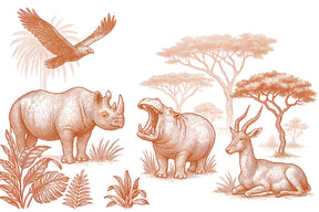 Detailed savanna animals mural wallpaper design pattern with rhinoceros and birds by Kids-Mundo