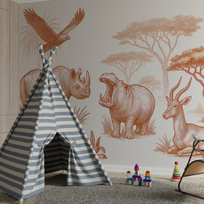 Safari animal mural wallpaper featuring hippos and antelopes in soft orange kids room decor