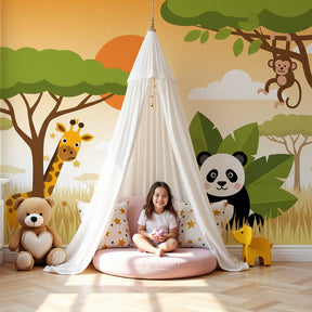 Savanna animals mural wallpaper in bright nursery with natural wood furniture by Kids-Mundo