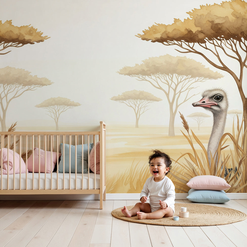 Savanna animals mural wallpaper with lion cub and ostrich in modern nursery by Kids-Mundo