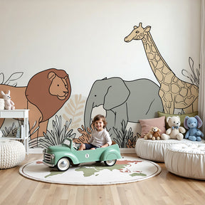 Savanna animals mural wallpaper featuring lion elephant giraffe in modern nursery by Kids-Mundo