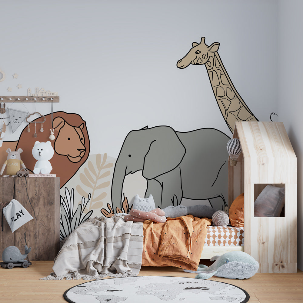 Educational savanna animals wallpaper inspiring wildlife discovery in children's playroom setting