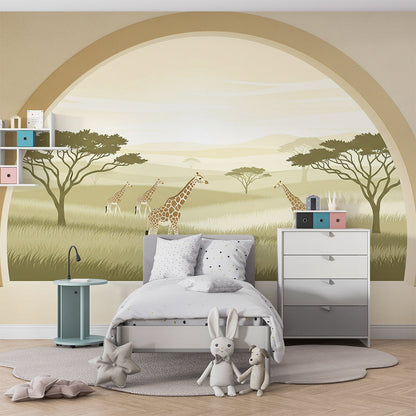 Kids-Mundo giraffe family savanna wall mural in a bright kids bedroom with a single bed and shelving