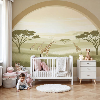 Kids-Mundo giraffe savanna archway wall mural styled in a soft neutral nursery with a cot