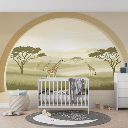 Kids-Mundo savanna archway giraffe mural covering a feature wall in a playful children's playroom