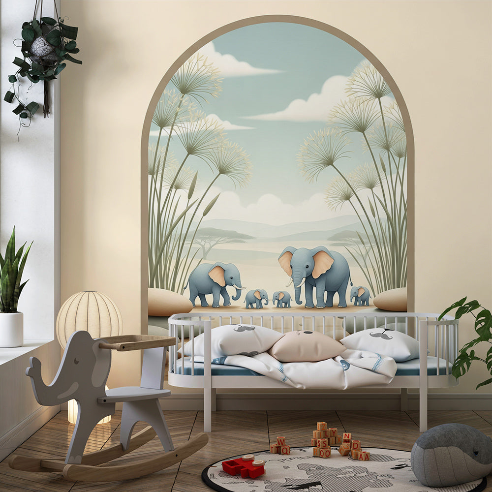 Kids-Mundo elephant family arch wall mural behind a bed in a kids bedroom