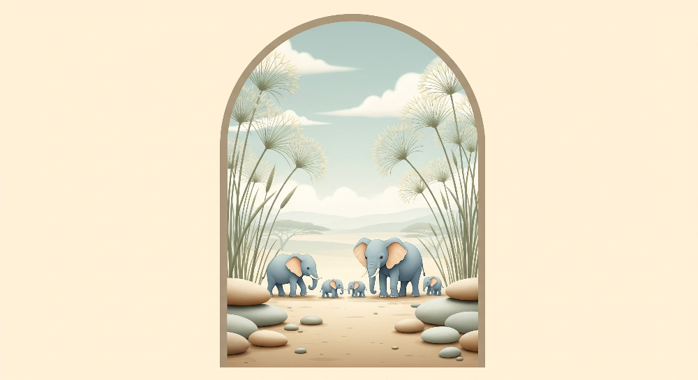 Kids-Mundo flat artwork of an elephant family crossing a savanna path through an arch