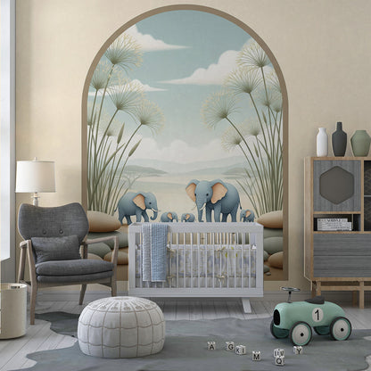 Kids-Mundo savanna elephant wall mural covering a wall in a children's playroom