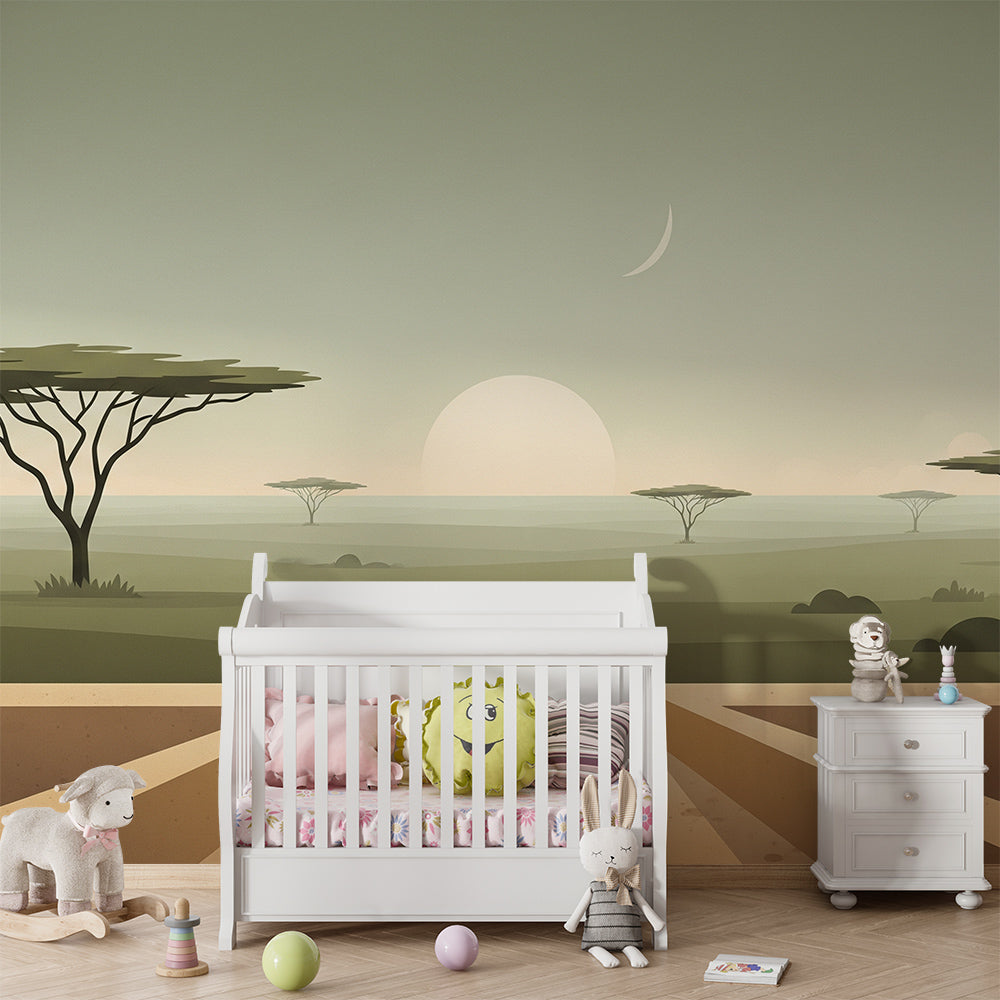 Kids-Mundo acacia savanna wall mural set behind a reading corner in a playroom