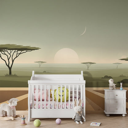 Kids-Mundo acacia savanna wall mural set behind a reading corner in a playroom