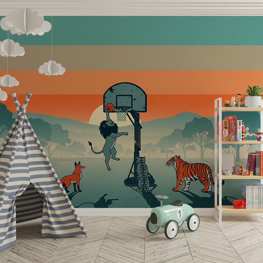 Kids-Mundo silhouette basketball wall mural styled on a kids bedroom accent wall