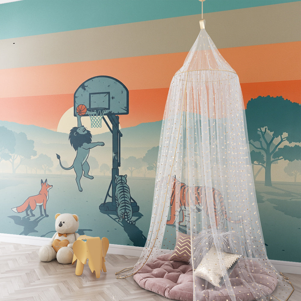 Kids-Mundo savanna sunset basketball wall mural covering a full playroom wall