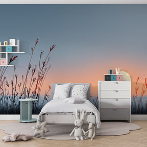 African savanna wallpaper with orange sunset colors decorating peaceful kids bedroom interior