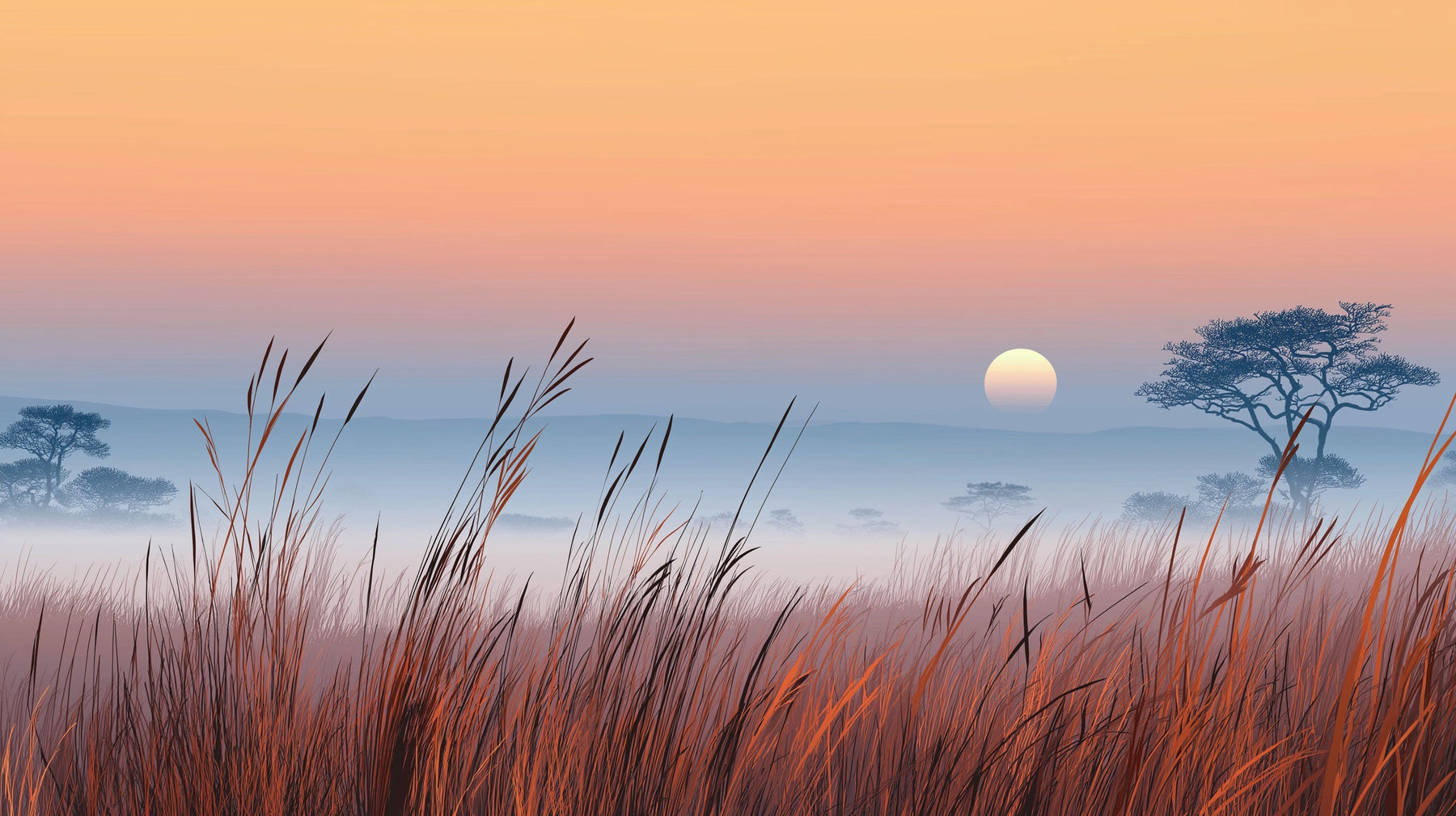 Detailed savanna sunset mural wallpaper design pattern with golden grasses and hills by Kids-Mundo