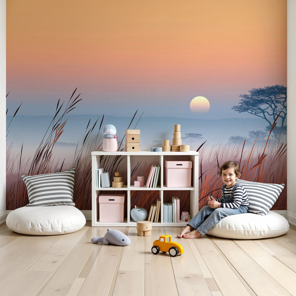 Savanna sunset mural wallpaper in modern nursery with natural wood crib by Kids-Mundo