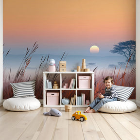 Savanna sunset mural wallpaper in modern nursery with natural wood crib by Kids-Mundo