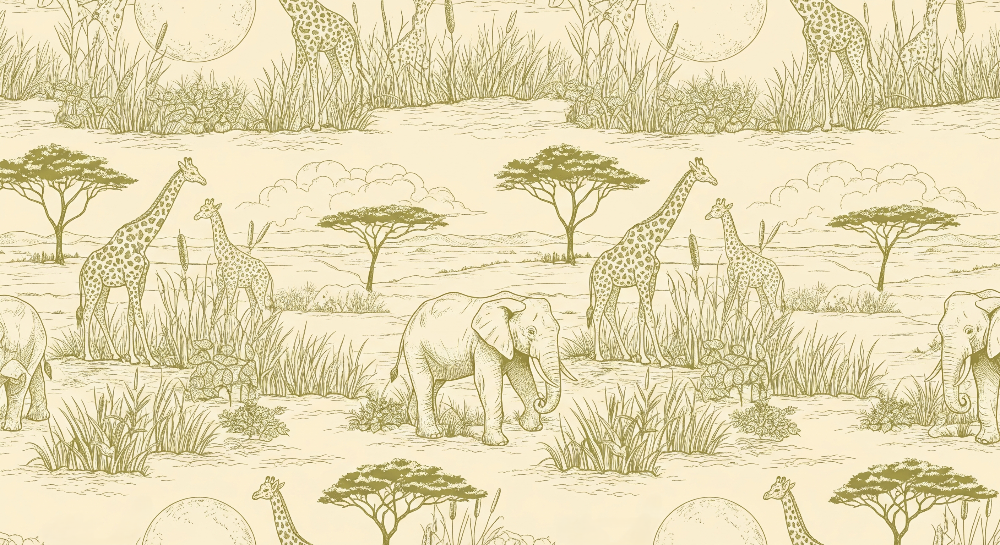 Kids-Mundo flat artwork preview of the savanna toile giraffe and elephant wall mural design