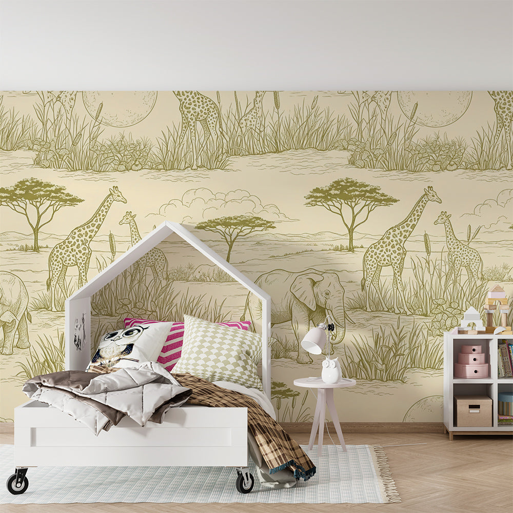 Kids-Mundo savanna toile wall mural adding pattern and charm to a children's playroom