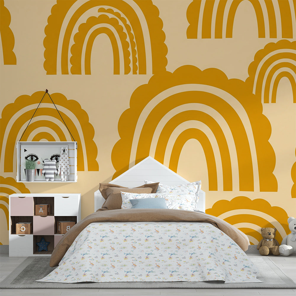 Playroom decorated with the Kids-Mundo scalloped cloud-edge rainbow wall mural
