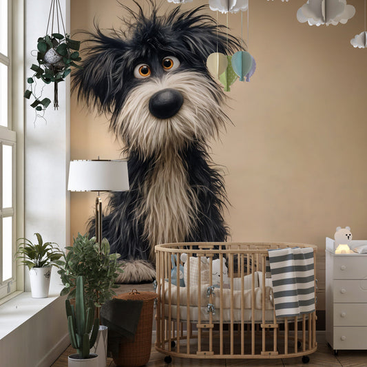 Kids-Mundo illustrated dog wall mural shown on a wall in a cosy kids bedroom