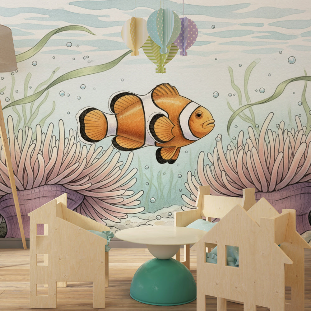 Pink sea anemone and clownfish mural wallpaper installation in bright kids playroom