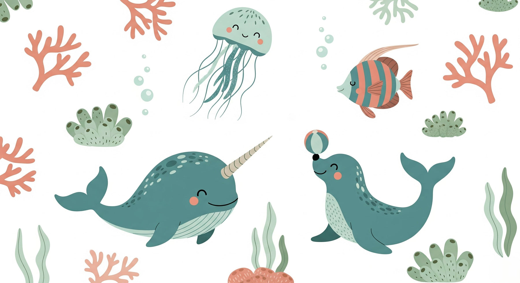 Detailed sea animals mural wallpaper design pattern with ocean creatures by Kids-Mundo