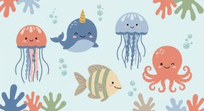 Detailed sea animals mural wallpaper design pattern showing octopus, fish and coral by Kids-Mundo