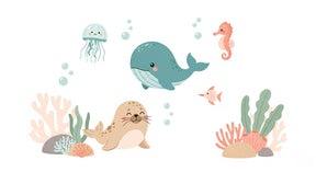 Detailed sea animals mural wallpaper design pattern with whale jellyfish and coral by Kids-Mundo
