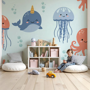 Sea animals mural wallpaper featuring cute marine creatures in modern nursery by Kids-Mundo