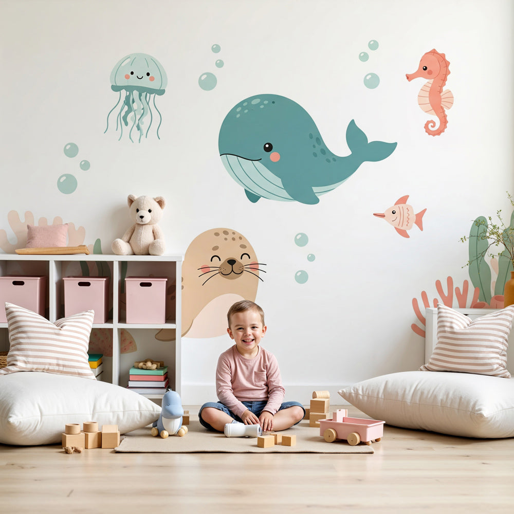 Sea animals mural wallpaper in modern nursery with whale and jellyfish by Kids-Mundo