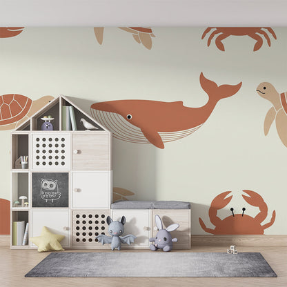 Kids-Mundo sea creature pattern wall mural covering a full feature wall in a children's bedroom.